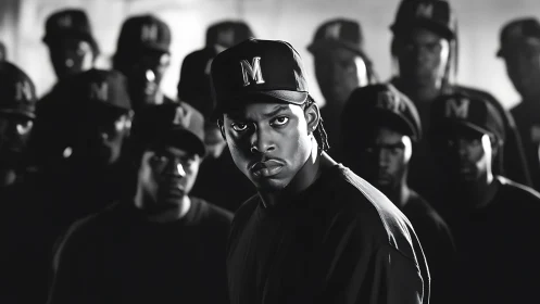 Central rapper isolated by shallow depth, high-contrast lighting study