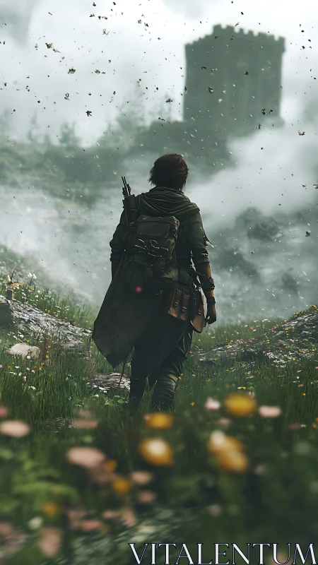 Solitary figure approaching distant stone tower through mist.