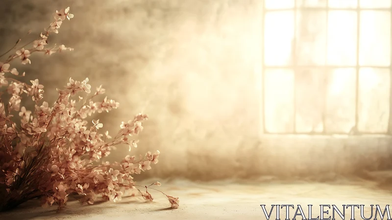 Soft pastel blossoms glow in warm vintage window light.