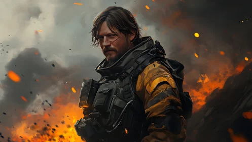 Armored soldier in burning battlefield rendered as digital art