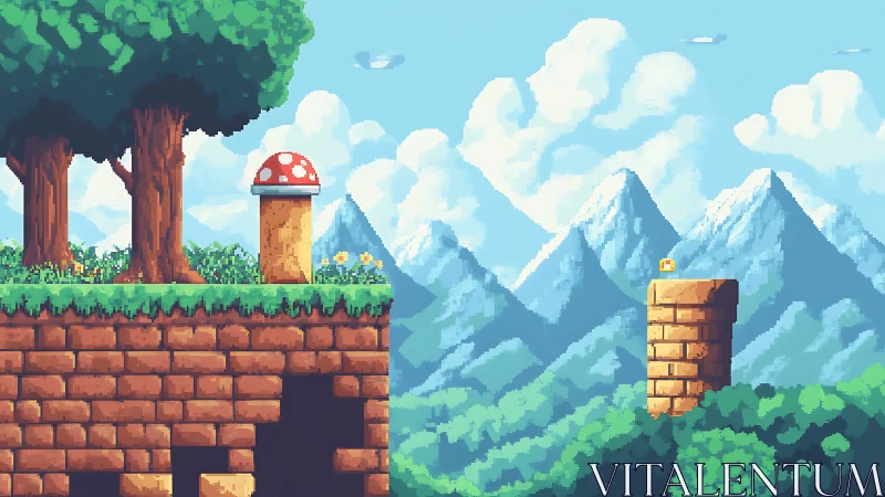 Pixel forest platform with mountains and mushroom powerup.