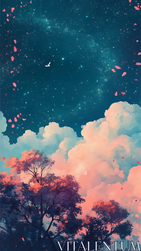 Dreamy treetops glowing beneath a starlit sky of wonder.