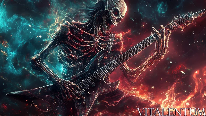 Skeletal electric guitarist amid contrasting fiery nebula field.