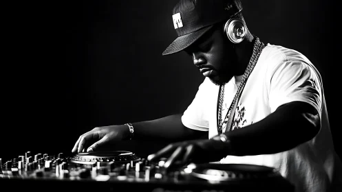 Focused DJ mixes deep beats under dramatic studio lighting