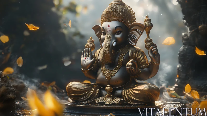 Photorealistic Ganesha idol in cinematic bokeh-lit woodland tableau.