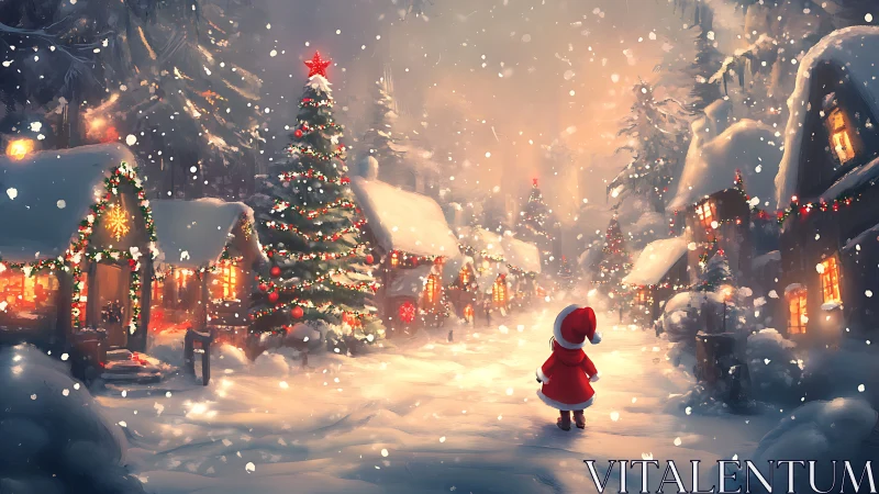 Snowy village lane glowing with festive Christmas magic.