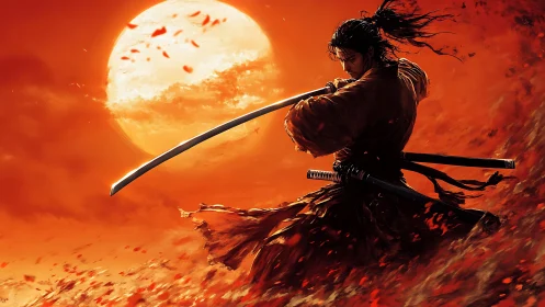 Samurai swordsman silhouettes against incandescent blood-red sunset
