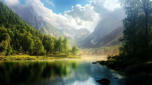 Sunlit alpine lake reflects conifer forest and misted peaks