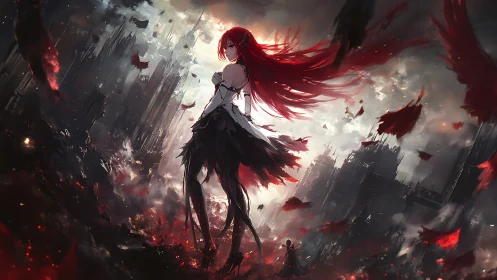 Crimson-haired heroine in stormlit apocalyptic ruins.