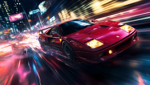 Red supercar sprints through neon city with kinetic light trails.