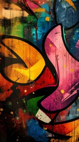 Colorful abstract graffiti curves cover distressed wooden wall