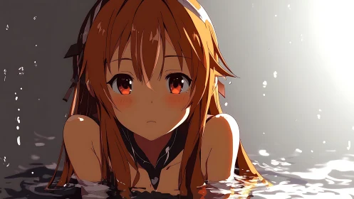 Anime girl with long hair leaning in reflective water surface.