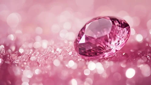 Radiant pink gemstone on glittering crystal bokeh field.