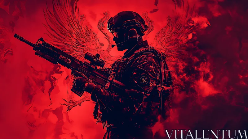 Armored soldier emerges in red inferno with ghostly wings.