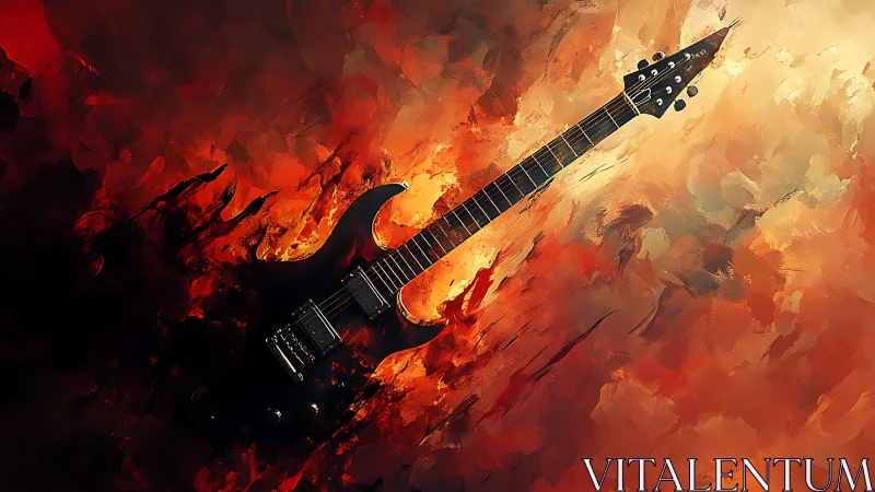 Electric guitar suspended in fiery abstract red-orange vortex