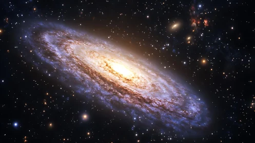 Spiraling starlit galaxy glows warmly in a deep night sky