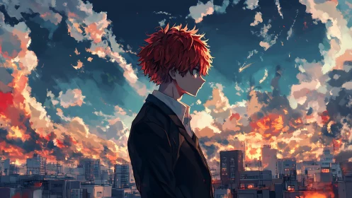 Skyline dreamer amid wildfire clouds at neon dusk.