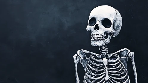 Chalk-white skeleton grins brightly against storm-dark void