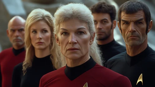 Starfleet-uniformed officers in tight frontal formation outdoors.