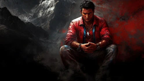 Man in red jacket sits against dark red and black backdrop
