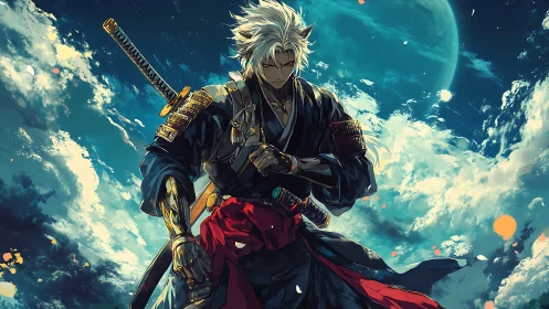 Starlit Ronin in crimson sash walking cloudbound midnight.