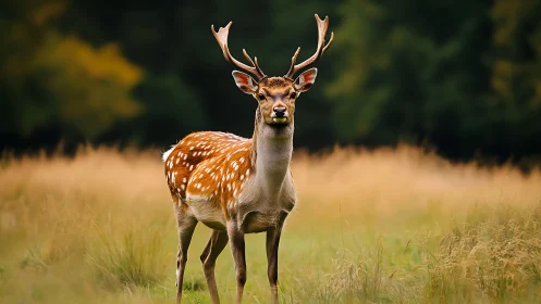 Golden meadow sentinel stag under forest hush.