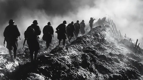 Infantry column advances along cratered ridge in dense battlefield smoke