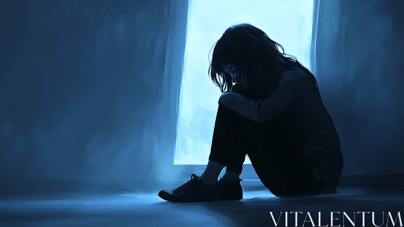 Silhouetted figure seated by window in monochrome blue interior.