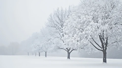 Silent winter grove aligned in soft white horizon fog.