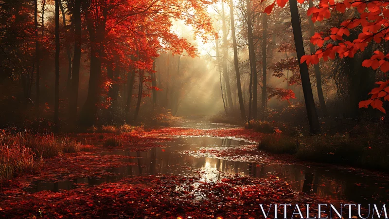 Backlit autumn forest creek with dense red leaf canopy and mist