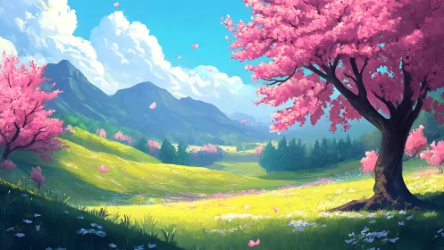 Blossom-bright valley dreaming beneath gentle mountain guardians.