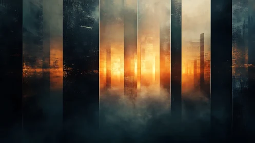 Sunrise portals ignite a mist-veiled digital skyline.
