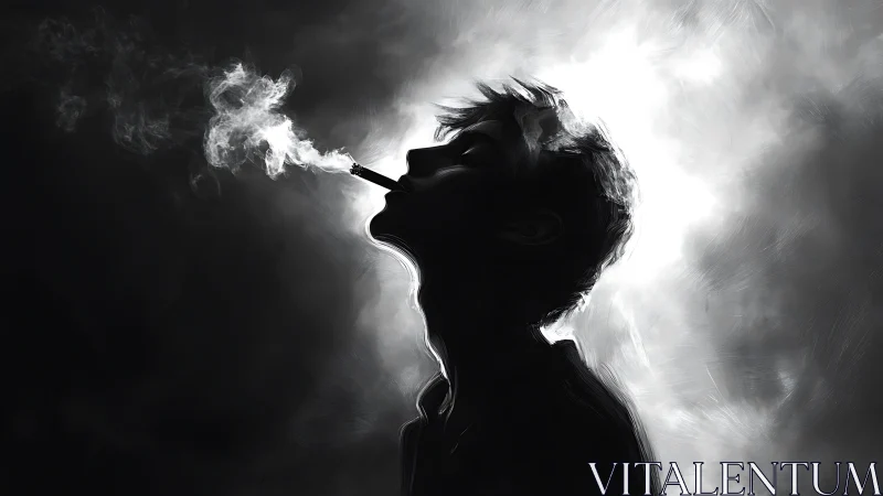 Backlit profile silhouette of person smoking in grayscale.