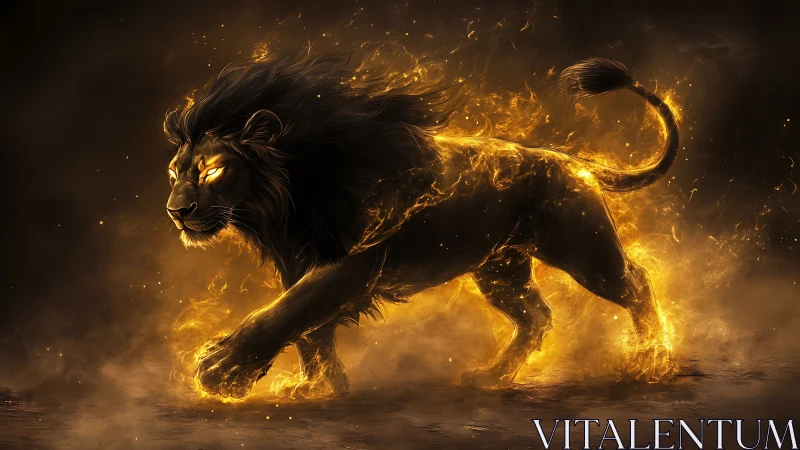 Volumetric fire-clad lion in dynamic stride through smoke.