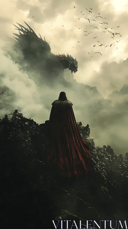 Lone wanderer in crimson cape meets storm-born dragon.