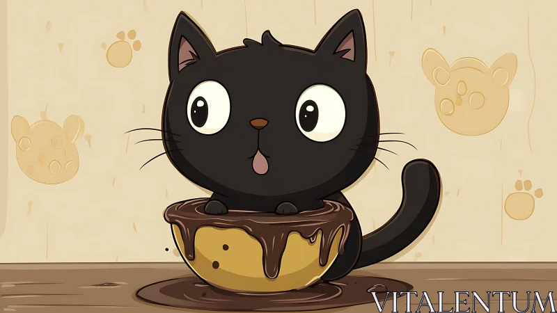 Black cat with oversized eyes sitting in chocolate-covered pastry