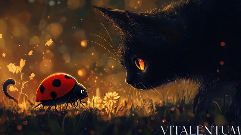 Black cat inspects ladybug in glowing backlit grass
