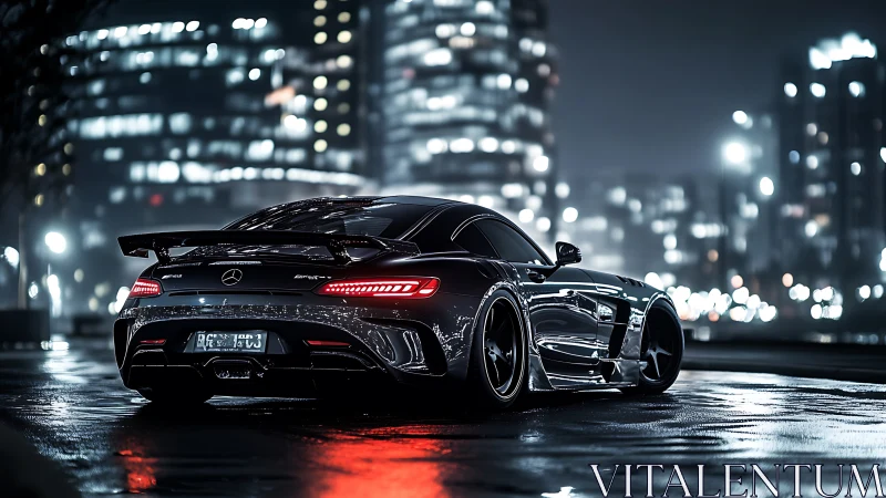 Mercedes supercar glows on wet neon city street at night.