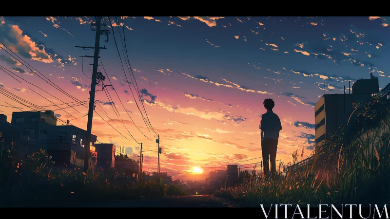 Silhouetted figure observes urban sunset over low buildings