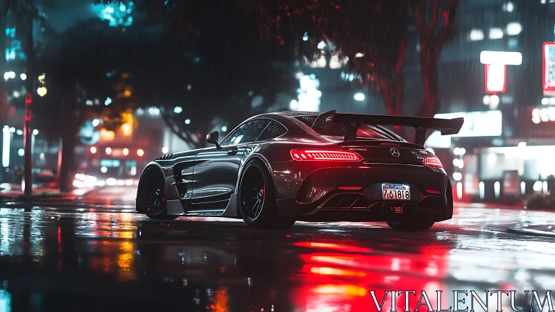 Mercedes sports coupe accelerates through neon soaked night street