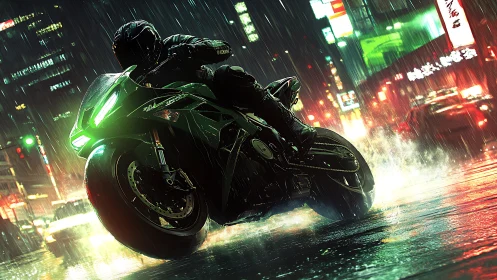 Neon superbike slicing wet asphalt through cinematic rain.