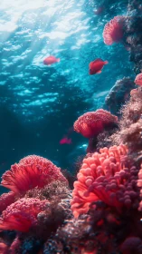 Sunlit coral reef glows as small fish drift through teal water