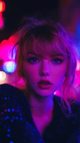 Neon lit portrait of young woman in vivid city nightscape.
