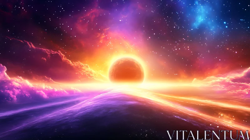 Planetary horizon with luminous nebula sky viewed distantly.