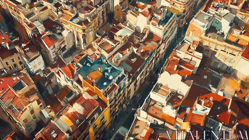 Elevated urban district with dense red-roofed buildings view.