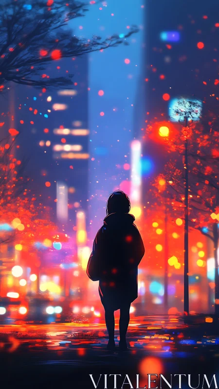 Solitary figure in neon soaked city nightscape dreamscape.