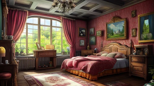 Sunlit vintage bedroom wrapped in rosy morning calm.