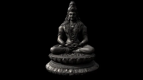 Dark 3D sculpture shows seated meditative deity on pedestal