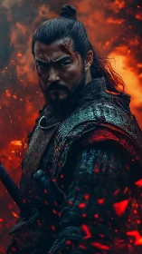 Armored warrior in ember-saturated battlefield inferno portrait.