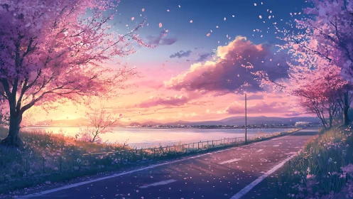 Cherry blossom riverside road at vivid sunset sky.